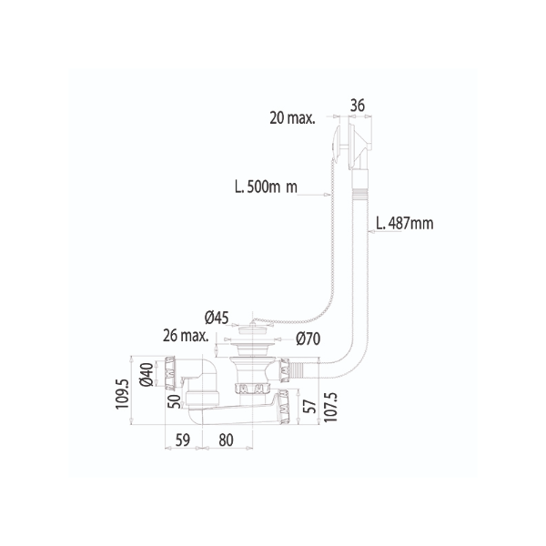 Vidage de baignoire manuel à chainette dimensions