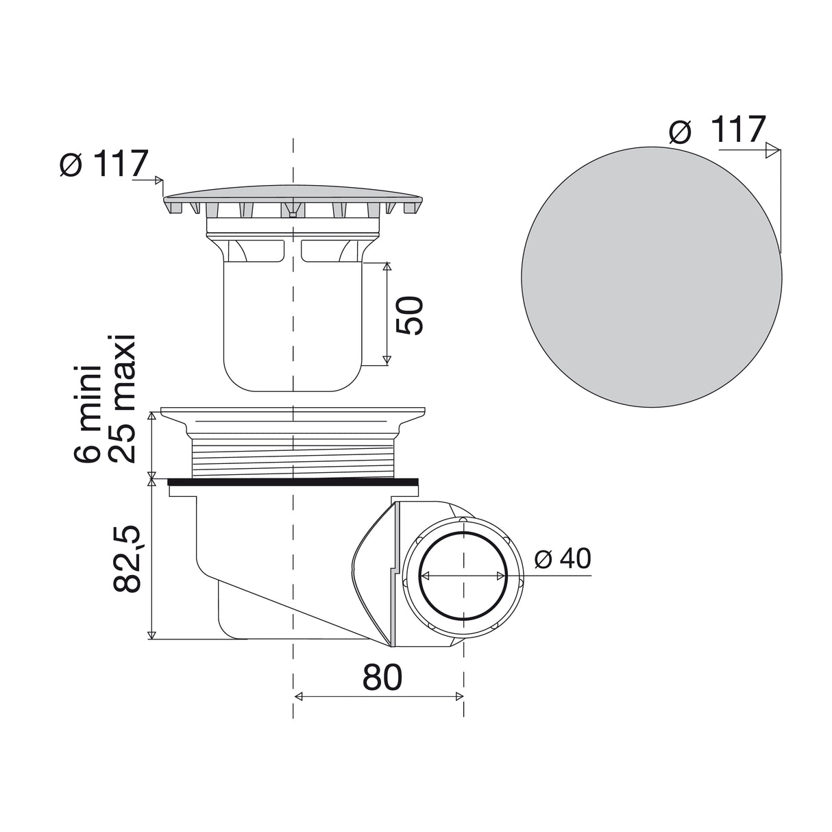 Bonde NF de receveur douche goulue diamètre 90 dimensions