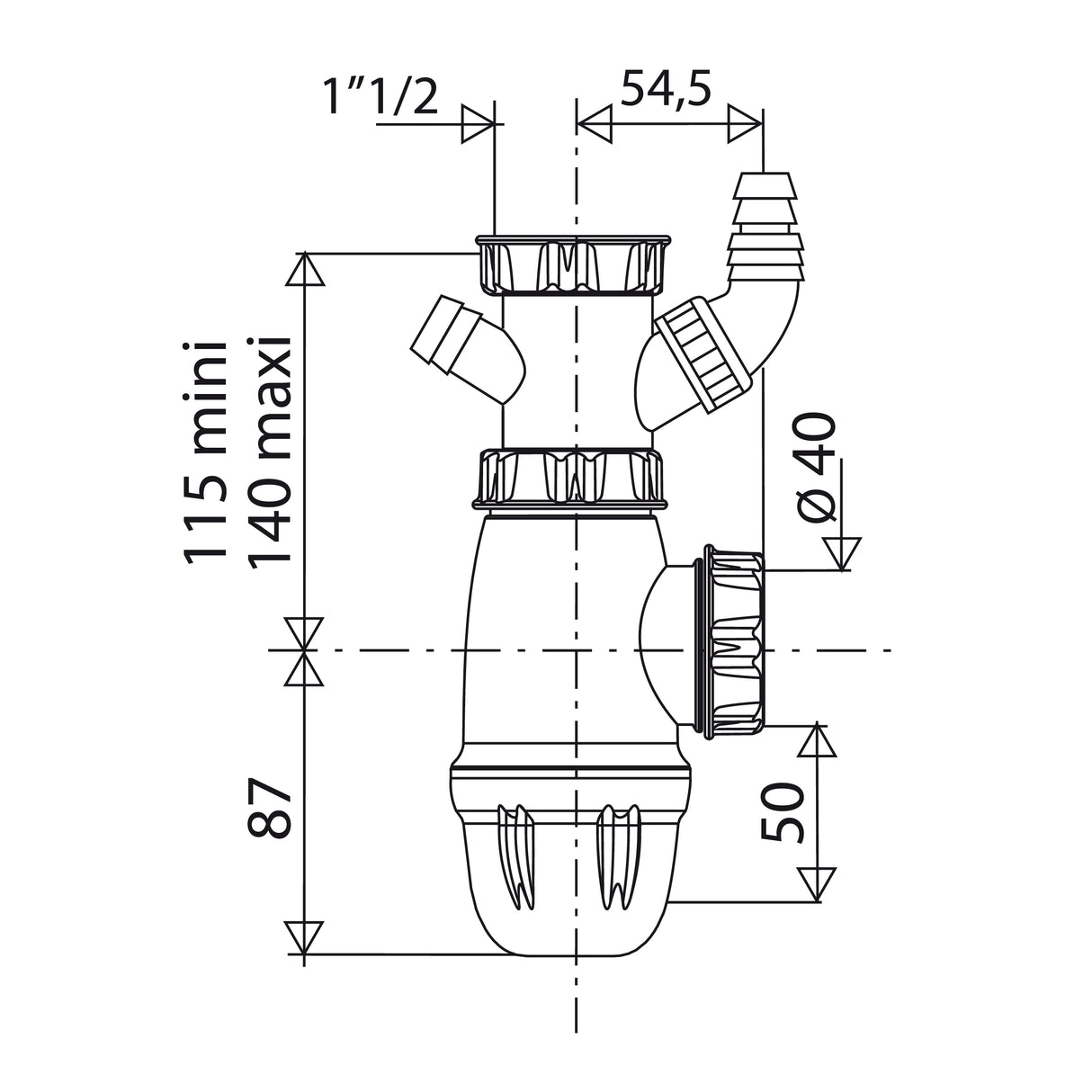 Siphon évier NF diamètre 40 avec 2 prises machine à laver dimensions