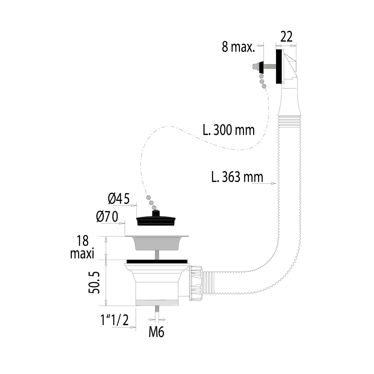 Bonde évier inox diamètre 50 avec trop plein dimensions