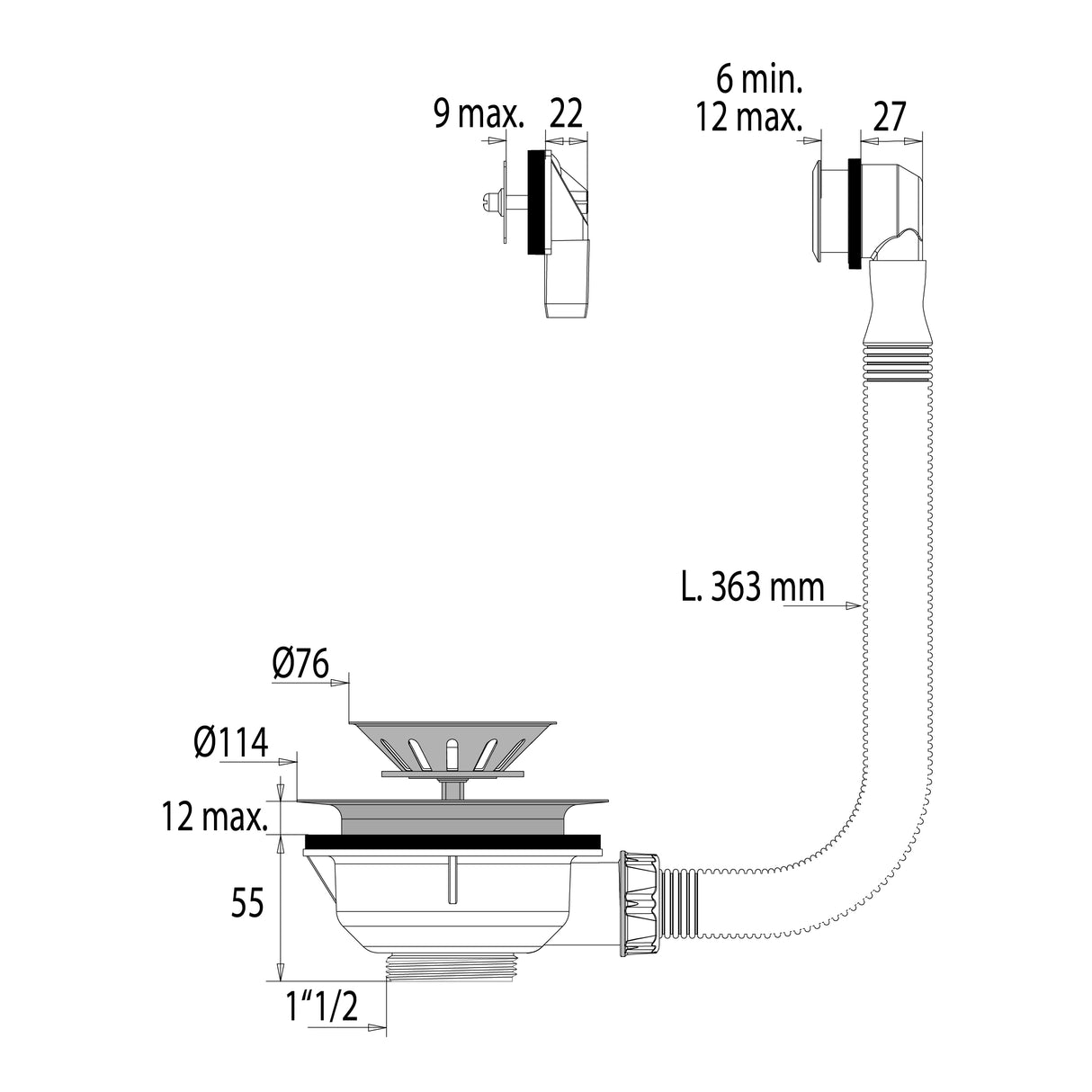Bonde évier a grille diamètre 90 avec trop plein dimensions
