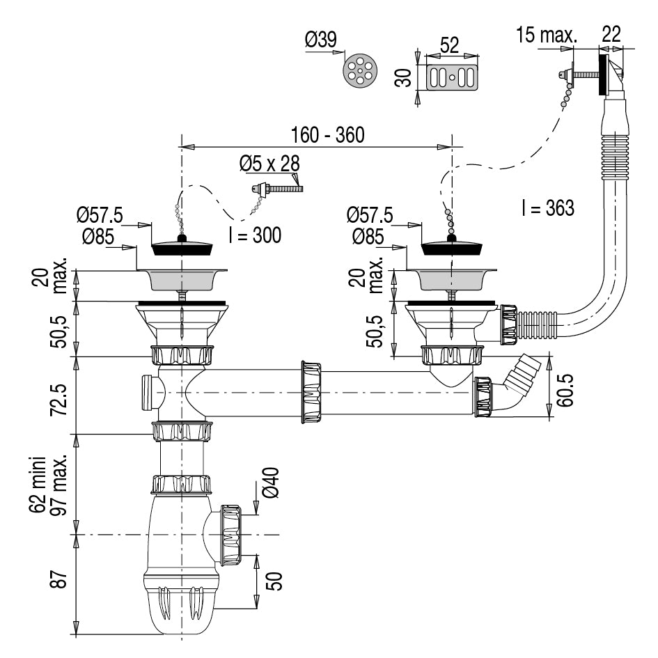 Vidage complet NF evier grès 2 bacs diamètre 60 dimensions