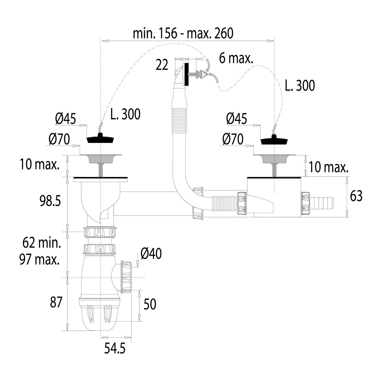 Vidage complet NF evier inox 2 bacs diamètre 50 dimensions