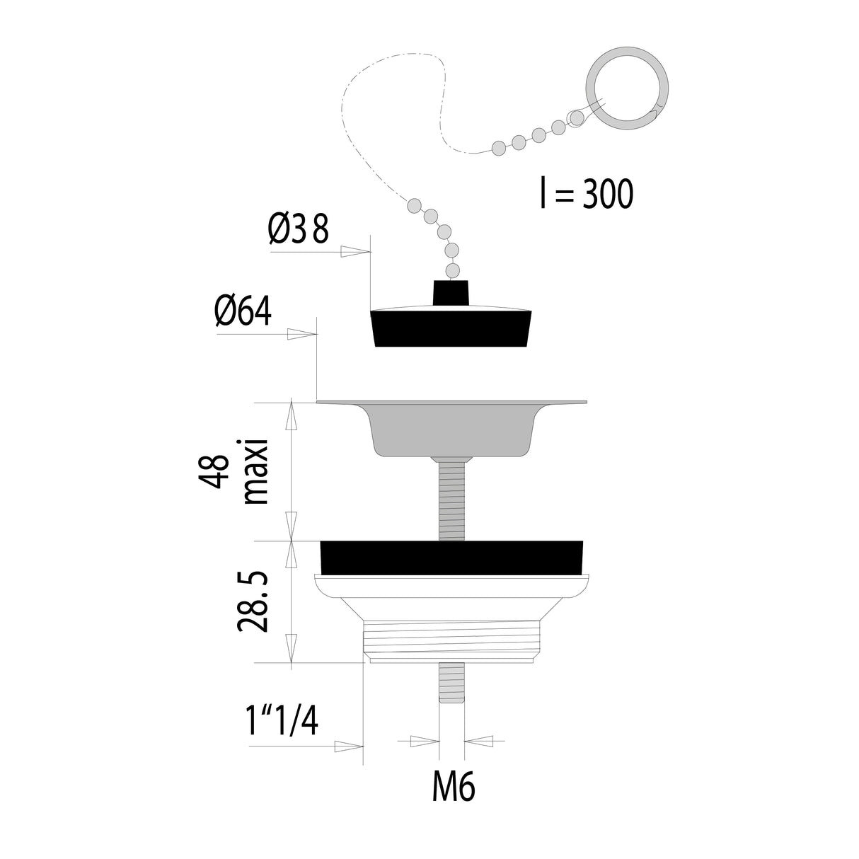 Bonde Lavabo +avec Bouchon à Chaînette dimensions