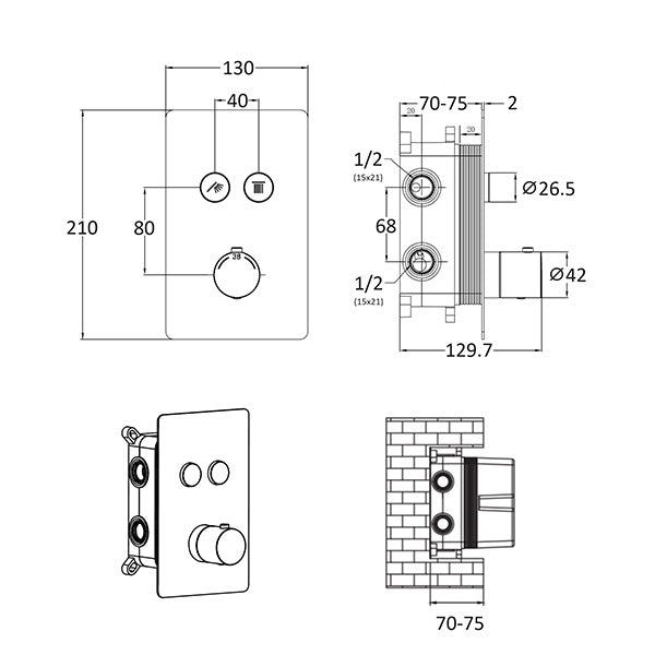 Mitigeur thermostatique chromé à encastrer dimensions