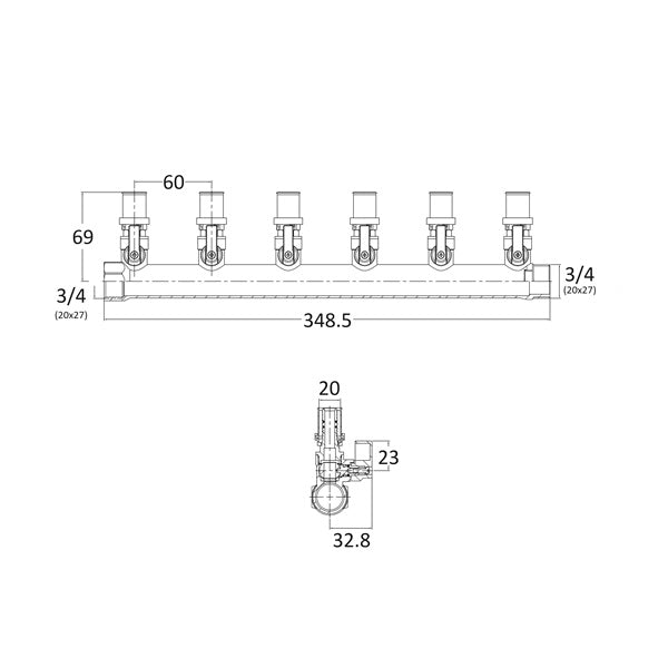 Collecteur multicouche à sertir Ø20 à sertir - 6 départs plan
