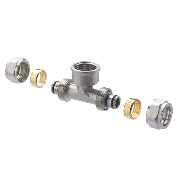 Raccord Multicouche à Compression Té Femelle au Centre Ø16 - femelle 1/2 (15x21) décomposition