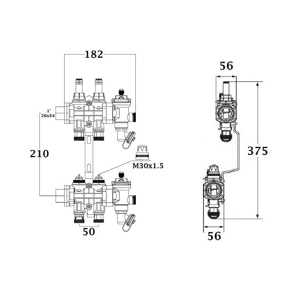 Dimensions collecteur polyamide plancher chauffant rafraichissant 2 départs