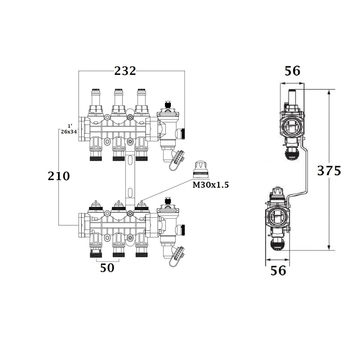 Dimensions collecteur polyamide plancher chauffant rafraichissant 3 départs