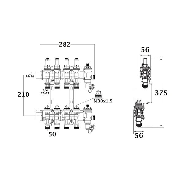 Dimensions collecteur polyamide plancher chauffant rafraichissant 4 départs
