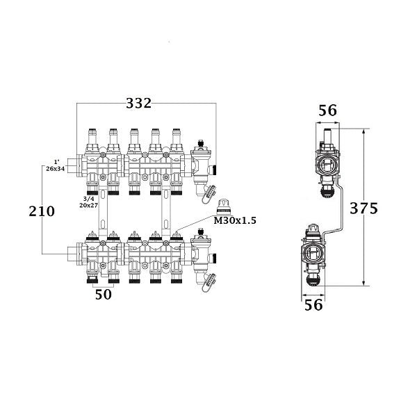Dimensions collecteur polyamide plancher chauffant rafraichissant 5 départs