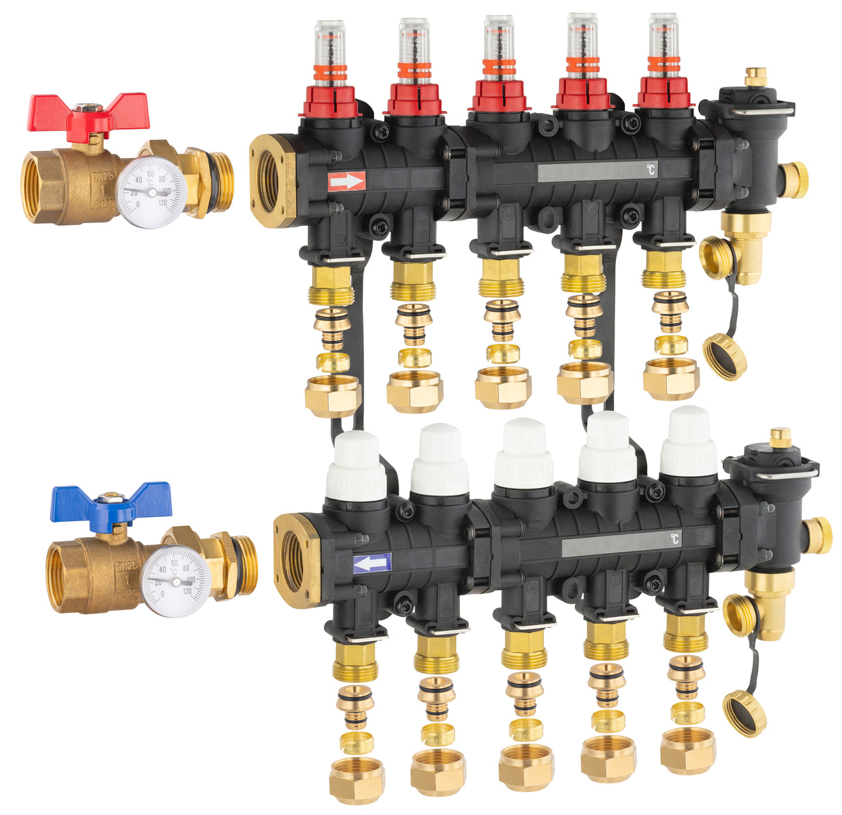 Collecteur plancher chauffant / rafraichissant 5 départs avec raccords eurocone et vanne droite