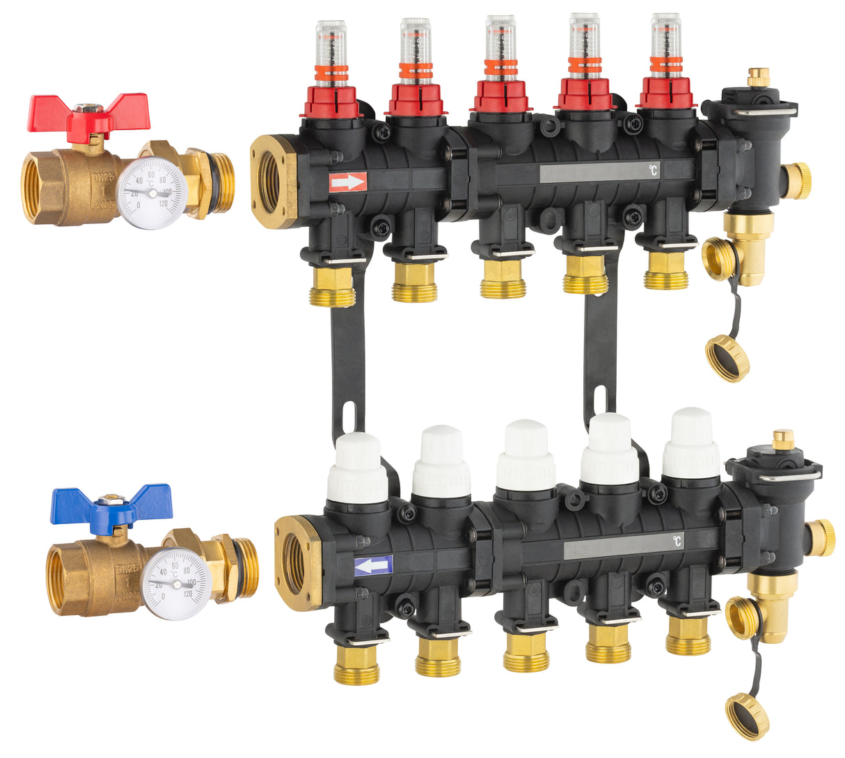 Collecteur plancher chauffant / rafraichissant 5 départs avec vanne droite