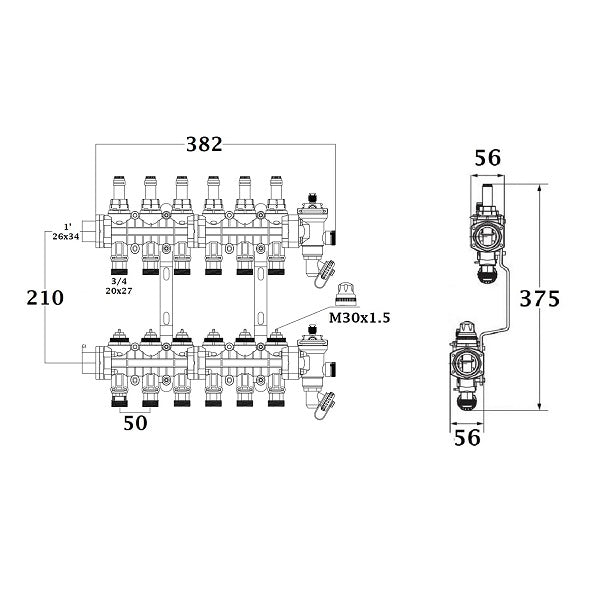 Dimensions collecteur polyamide plancher chauffant rafraichissant 6 départs