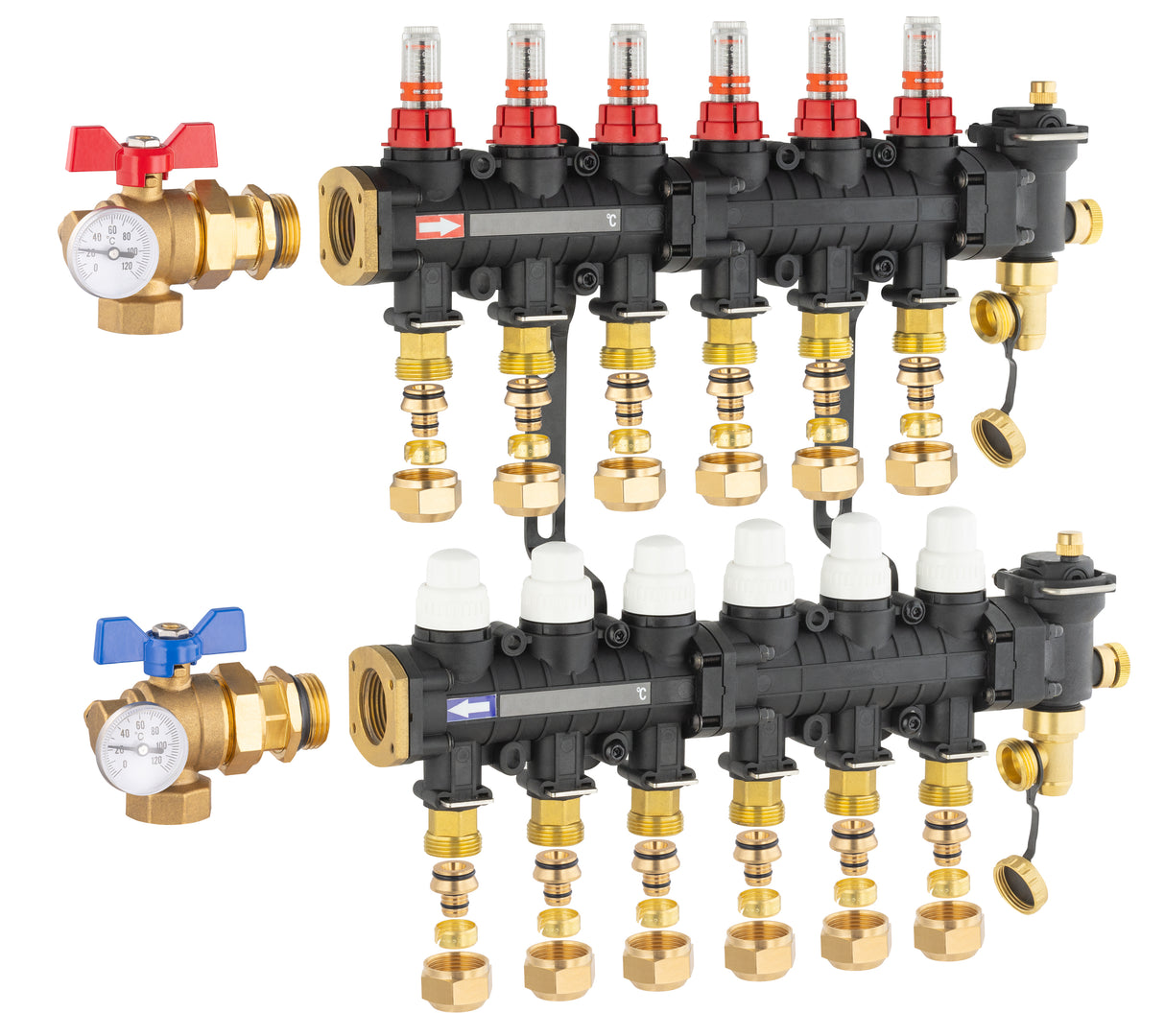 Collecteur plancher chauffant / rafraichissant 6 départs avec raccords eurocone et vanne équerre