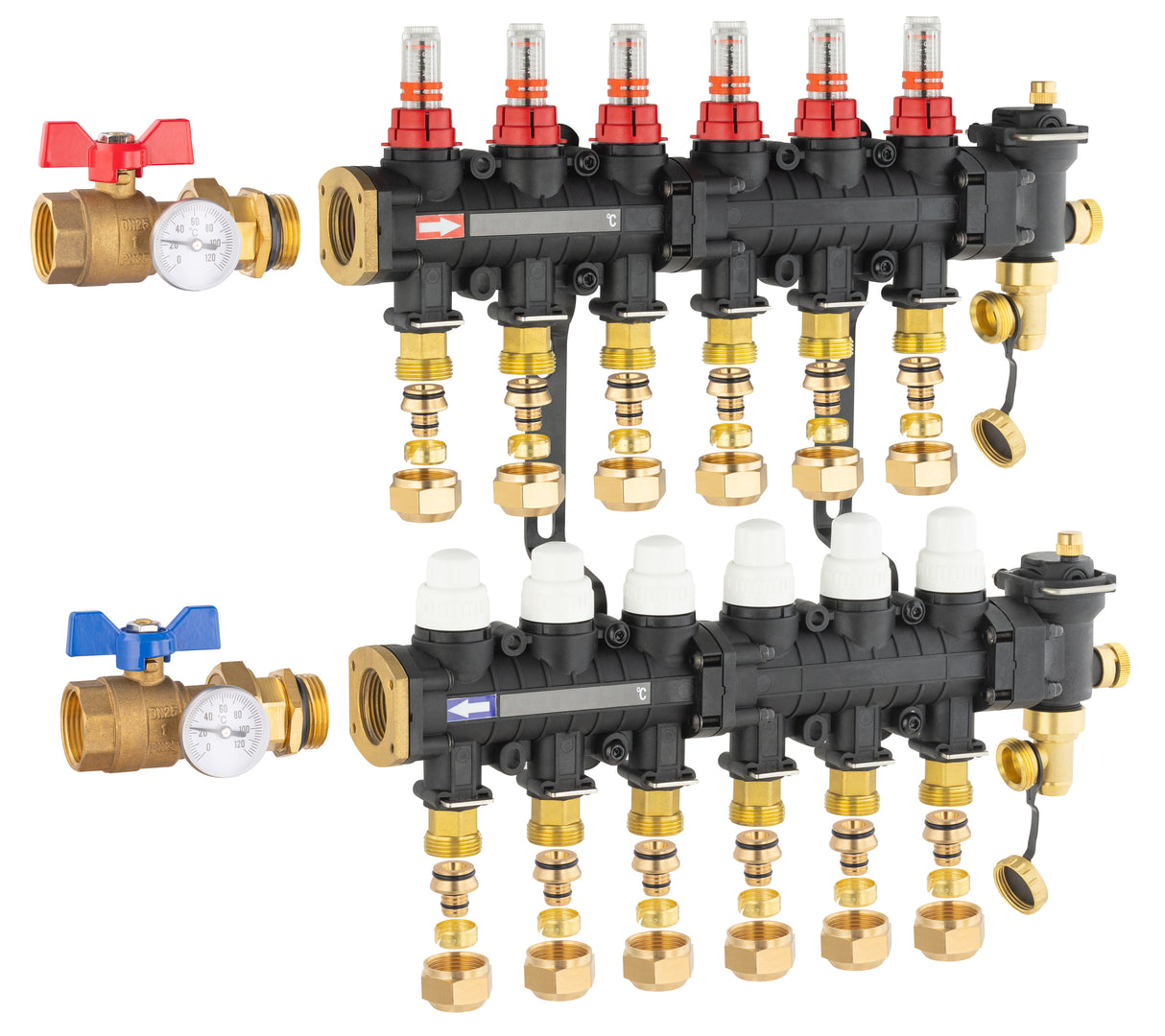 Collecteur plancher chauffant / rafraichissant 6 départs avec raccords eurocone et vanne droite