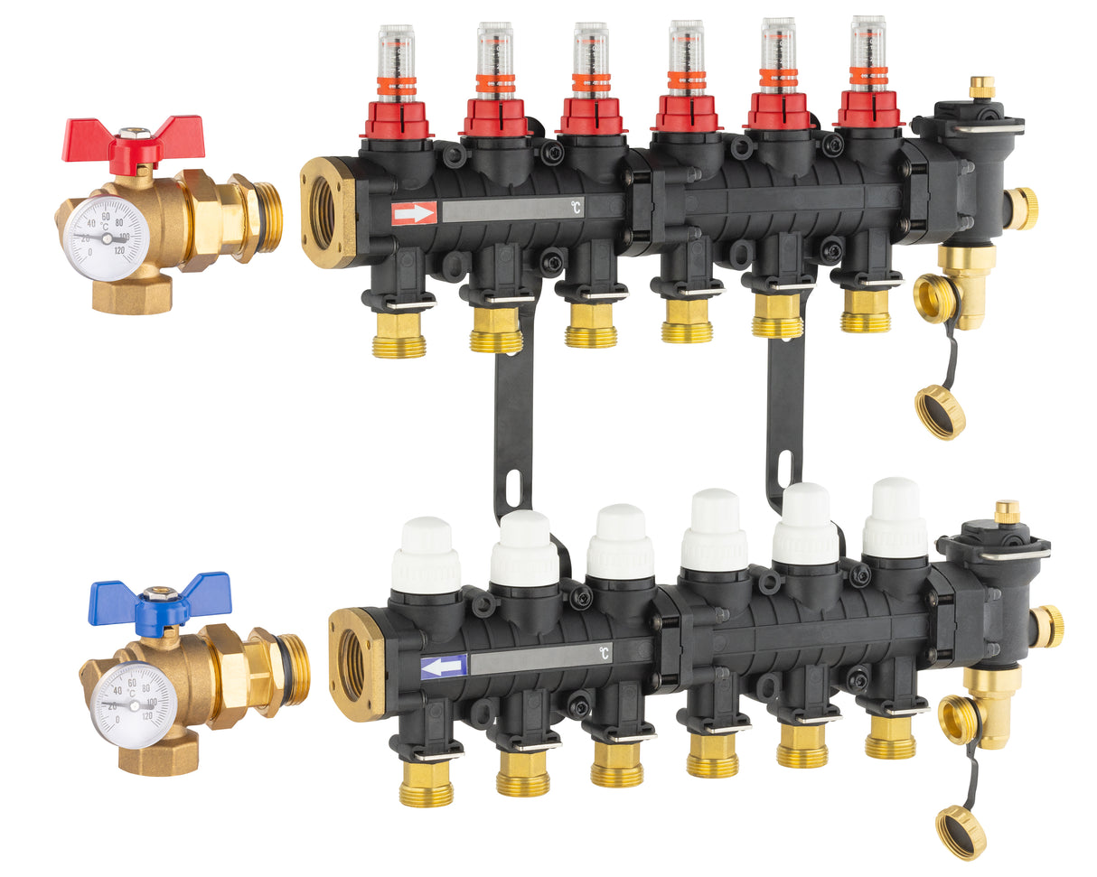 Collecteur plancher chauffant / rafraichissant 6 départs avec vanne équerre