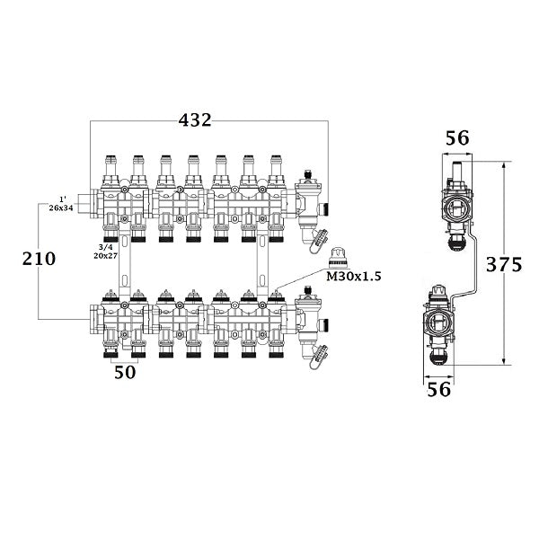 Dimensions collecteur polyamide plancher chauffant rafraichissant 7 départs