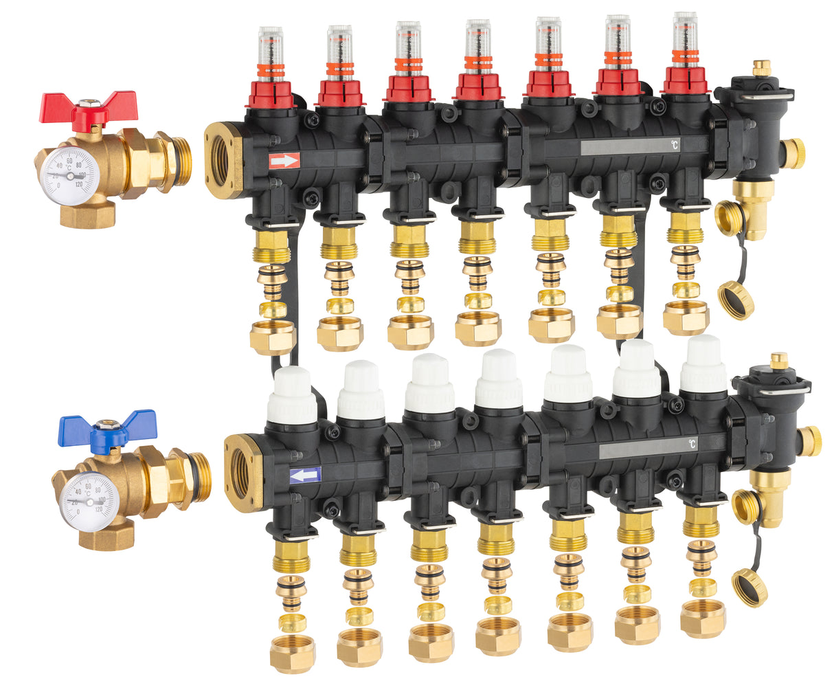 Collecteur plancher chauffant / rafraichissant 7 départs avec raccords eurocone et vanne équerre