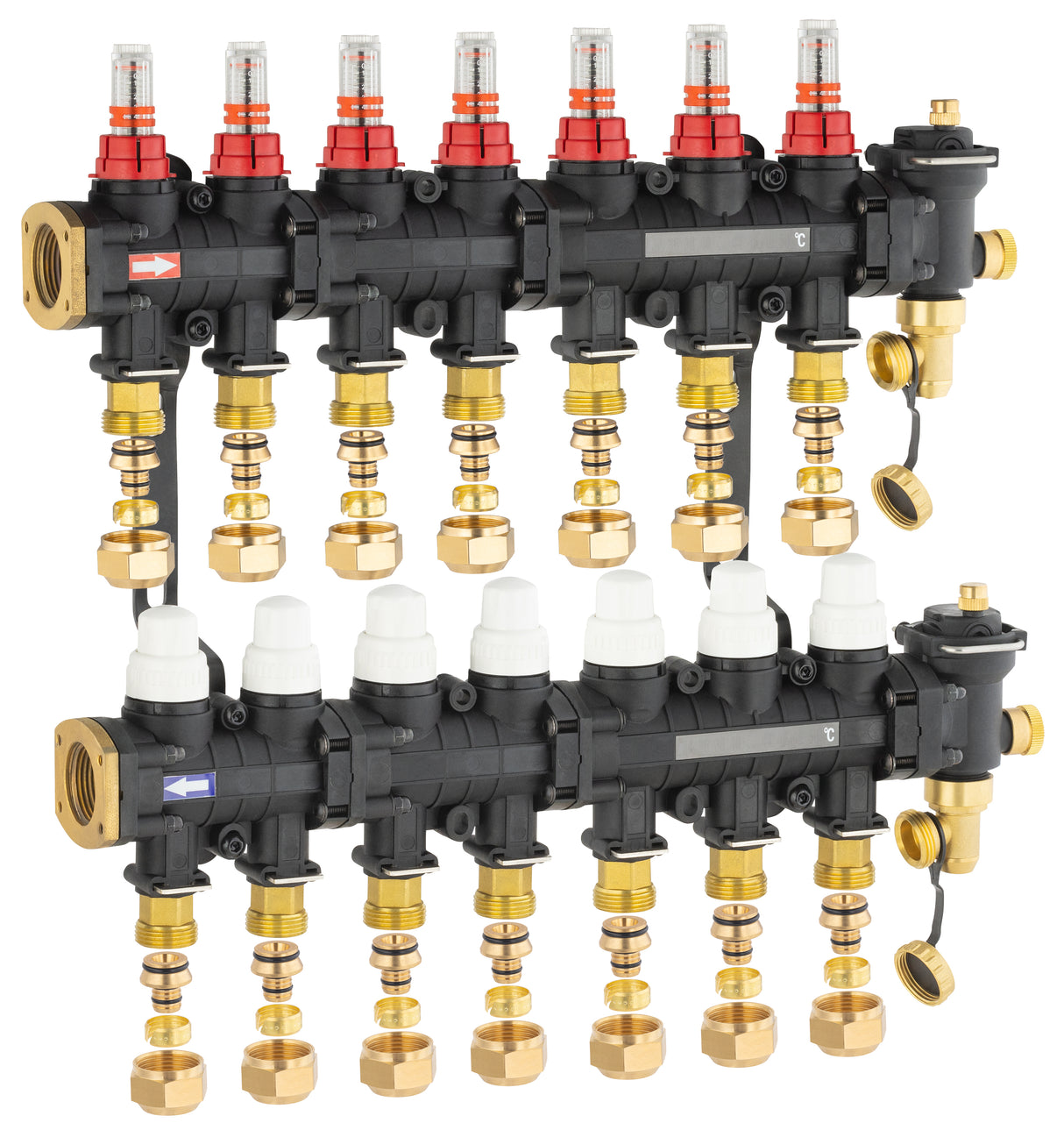 Collecteur plancher chauffant / rafraichissant 7 départs avec raccords eurocone