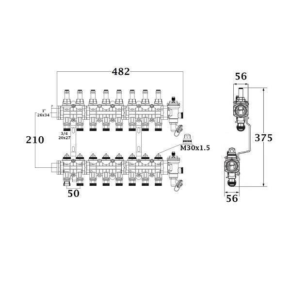 Dimensions collecteur polyamide plancher chauffant rafraichissant 8 départs