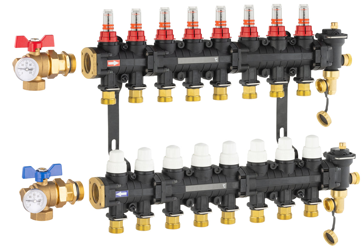 Collecteur plancher chauffant / rafraichissant 8 départs avec vanne équerre