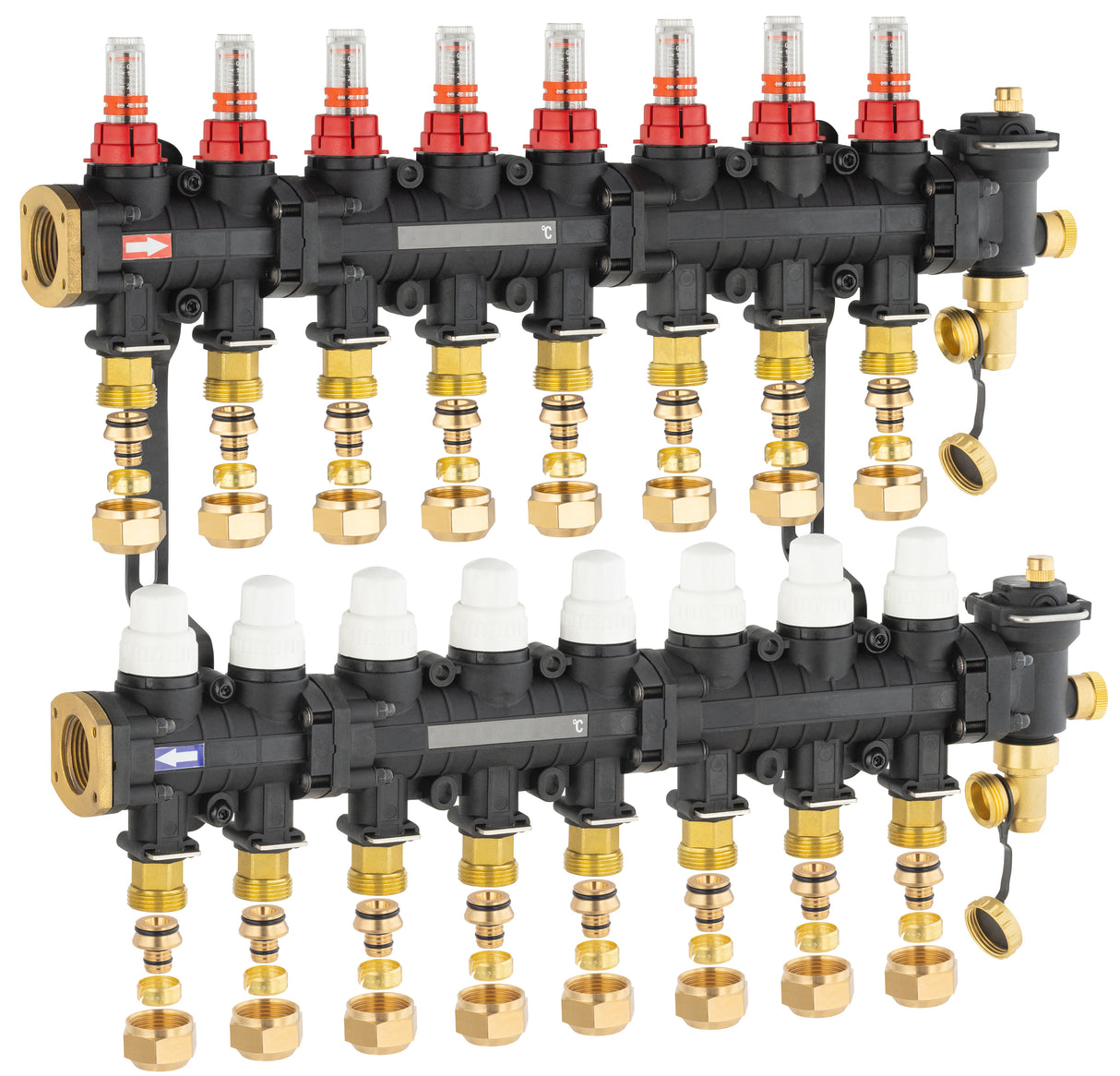Collecteur plancher chauffant / rafraichissant 8 départs avec raccords eurocone