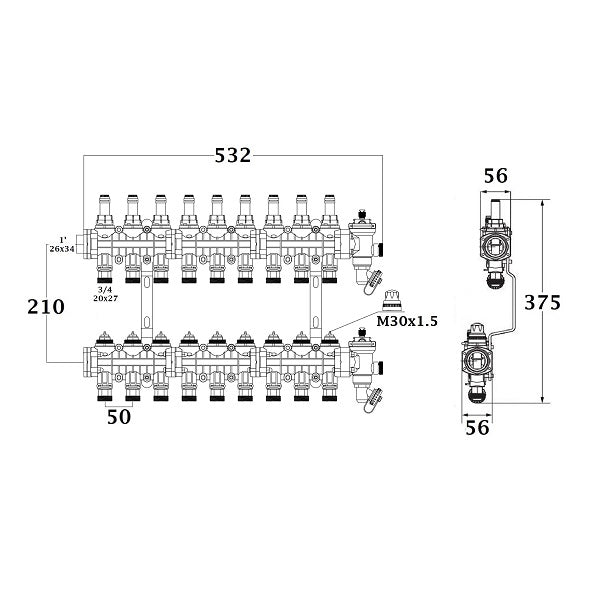Dimensions collecteur polyamide plancher chauffant rafraichissant 9 départs