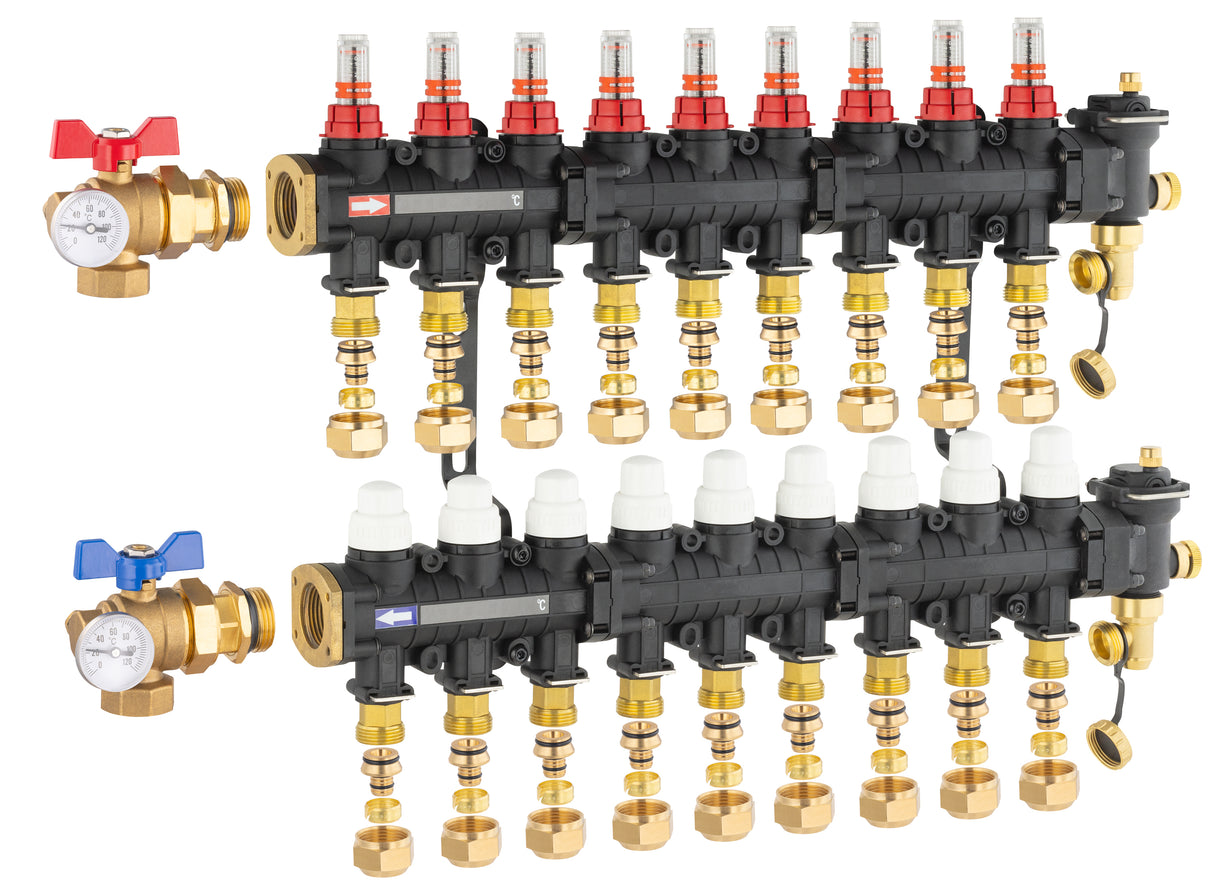 Collecteur plancher chauffant / rafraichissant 9 départs avec raccords eurocone et vanne équerre