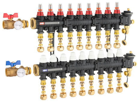 Collecteur plancher chauffant / rafraichissant 9 départs avec raccords eurocone et vanne droite