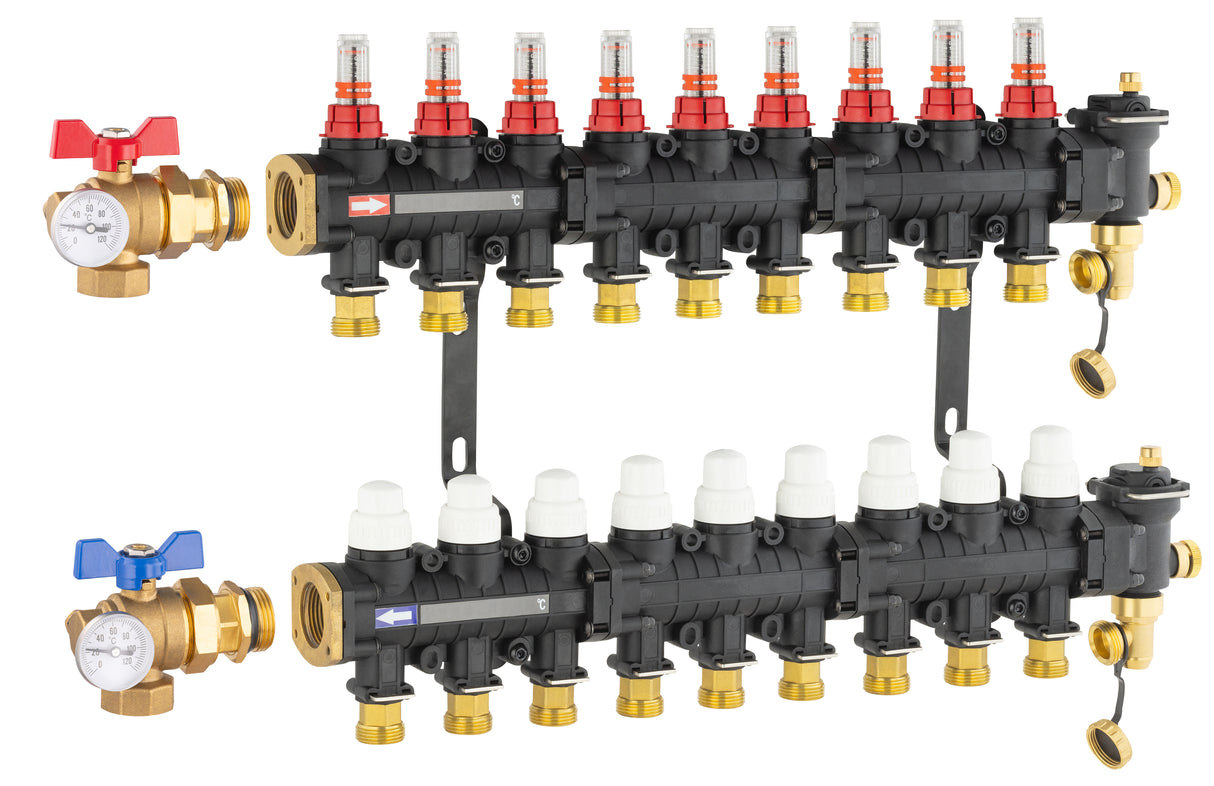 Collecteur plancher chauffant / rafraichissant 9 départs avec vanne équerre
