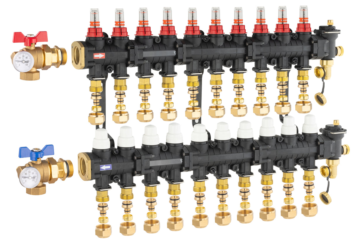 Collecteur plancher chauffant / rafraichissant 10 départs avec raccords eurocone et vanne équerre