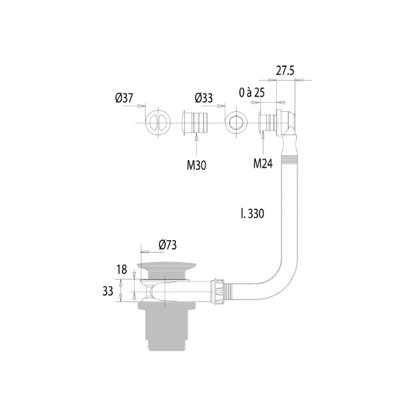 Vidage lavabo trop plein universel avec intercalaire Ø24/30 dimensions