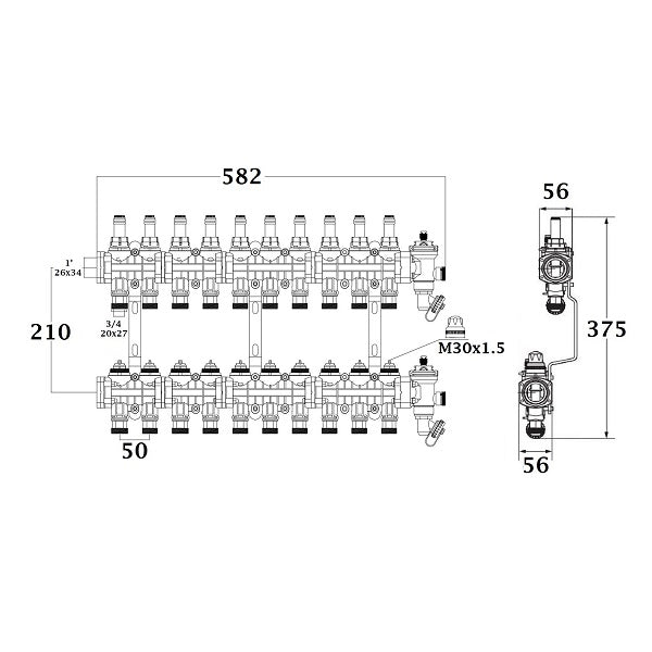 Dimensions collecteur polyamide plancher chauffant rafraichissant 10 départs
