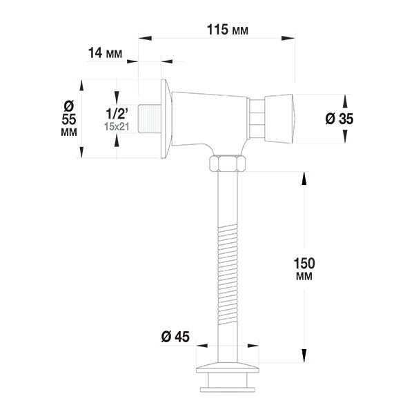 Robinet poussoir temporisé d'urinoir encastrée