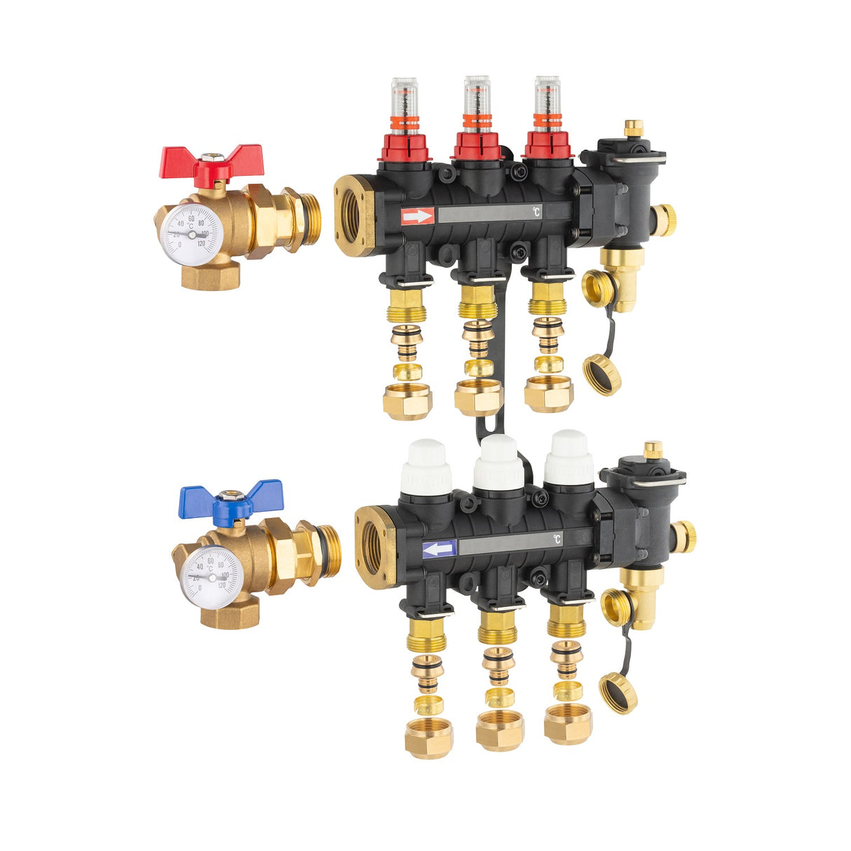Collecteur plancher chauffant / rafraichissant 3 départs avec raccords eurocone et vannes équerre