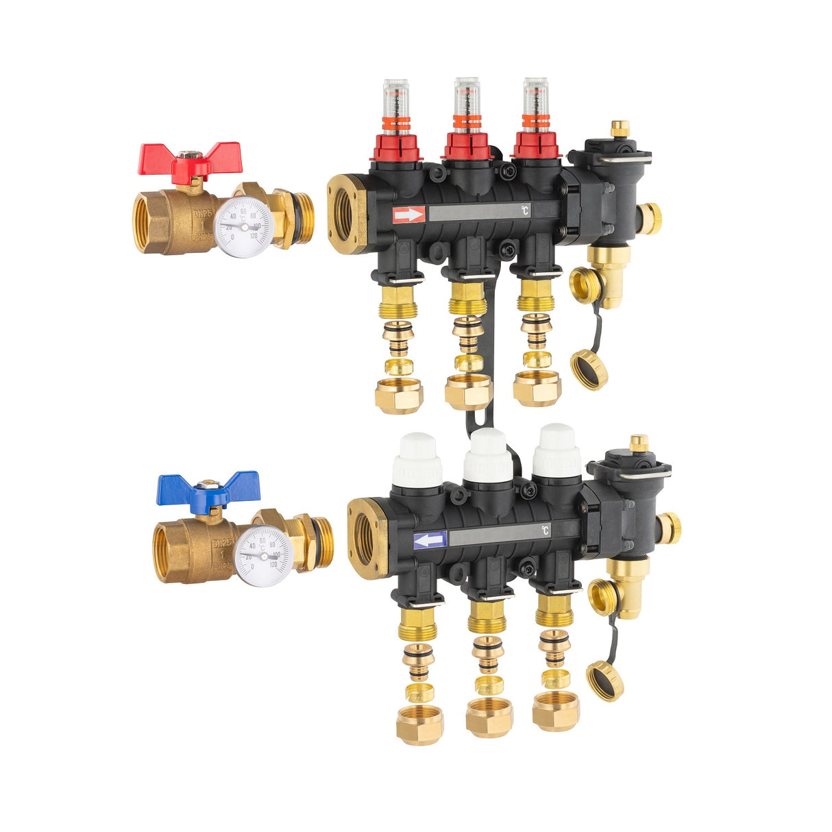 Collecteur plancher chauffant / rafraichissant 3 départs avec raccords eurocone et vanne droite