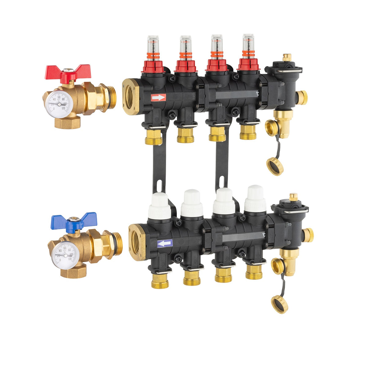 Collecteur plancher chauffant / rafraichissant 4 départs avec vanne équerre