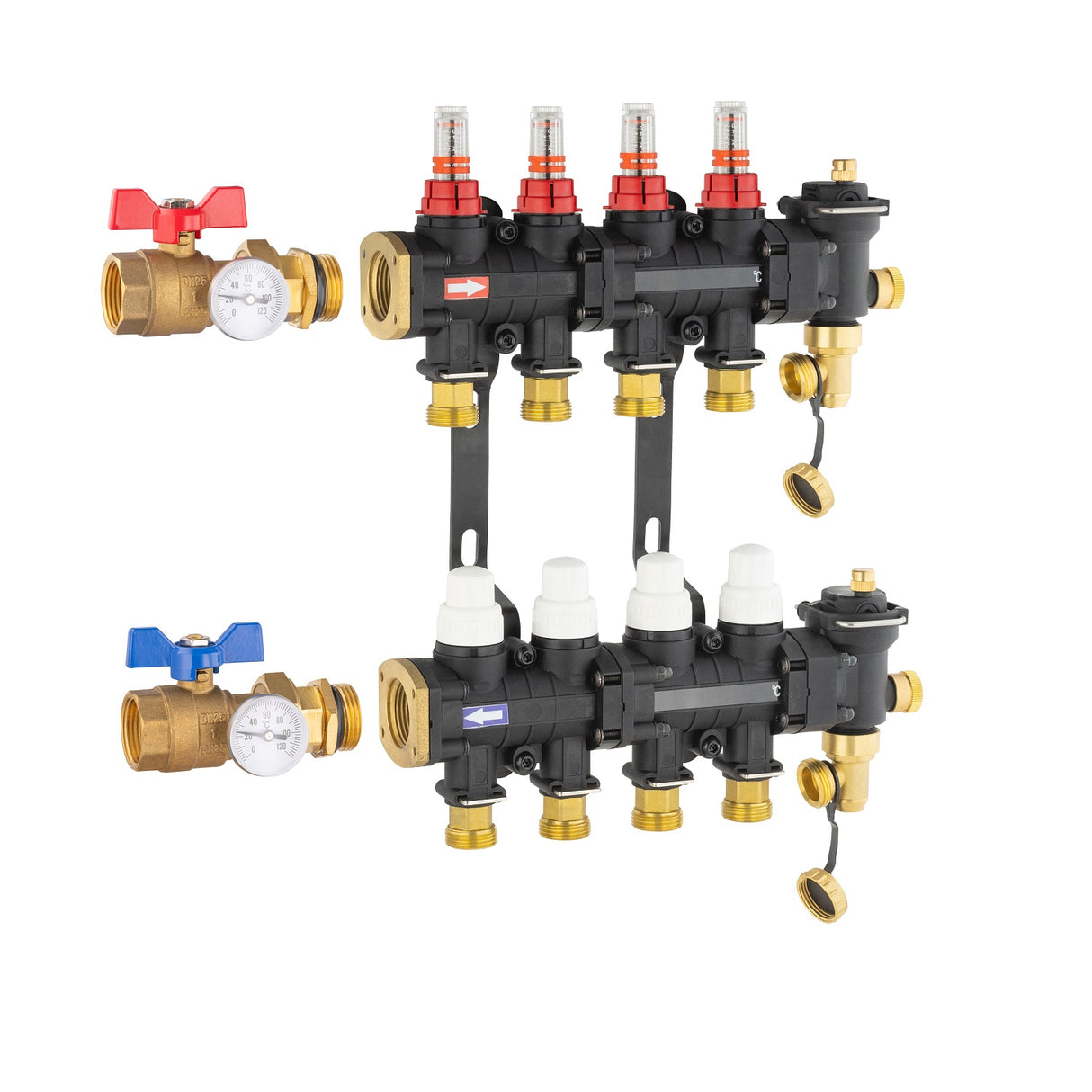 Collecteur plancher chauffant / rafraichissant 4 départs avec vanne droite