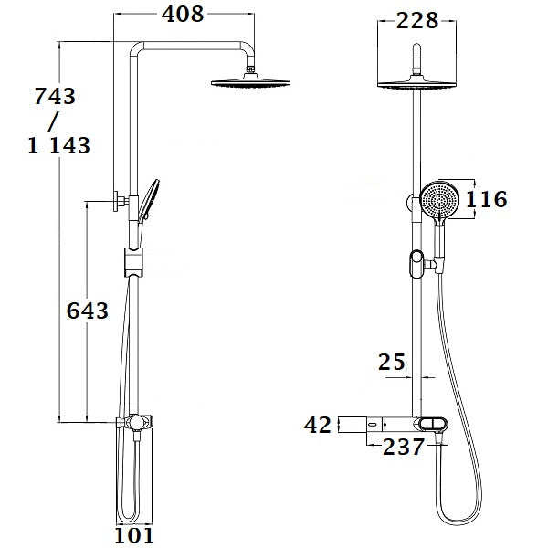 Colonne de Douche avec Bouton Poussoir SWITCHEA dimensions