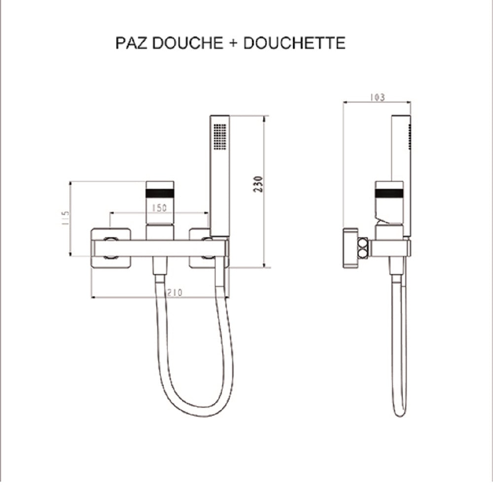 PAZ mitigeur douche + flexible + douchette à main dimensions