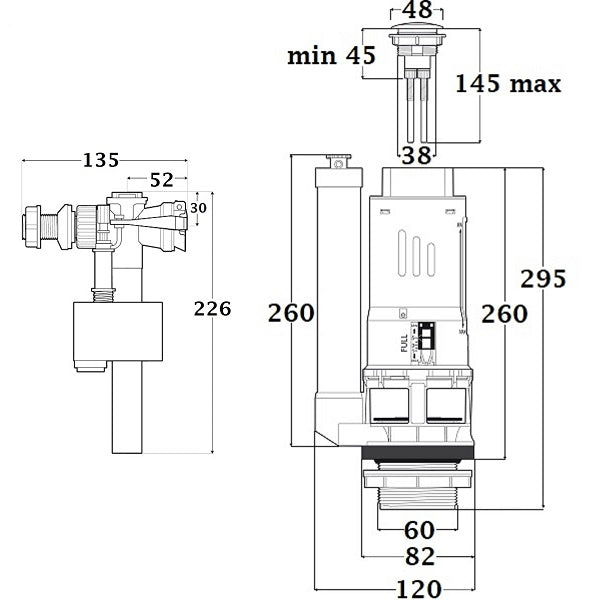 Ensemble robinet et Mécanisme de chasse d'eau WC Bouton double volume à  poussoir